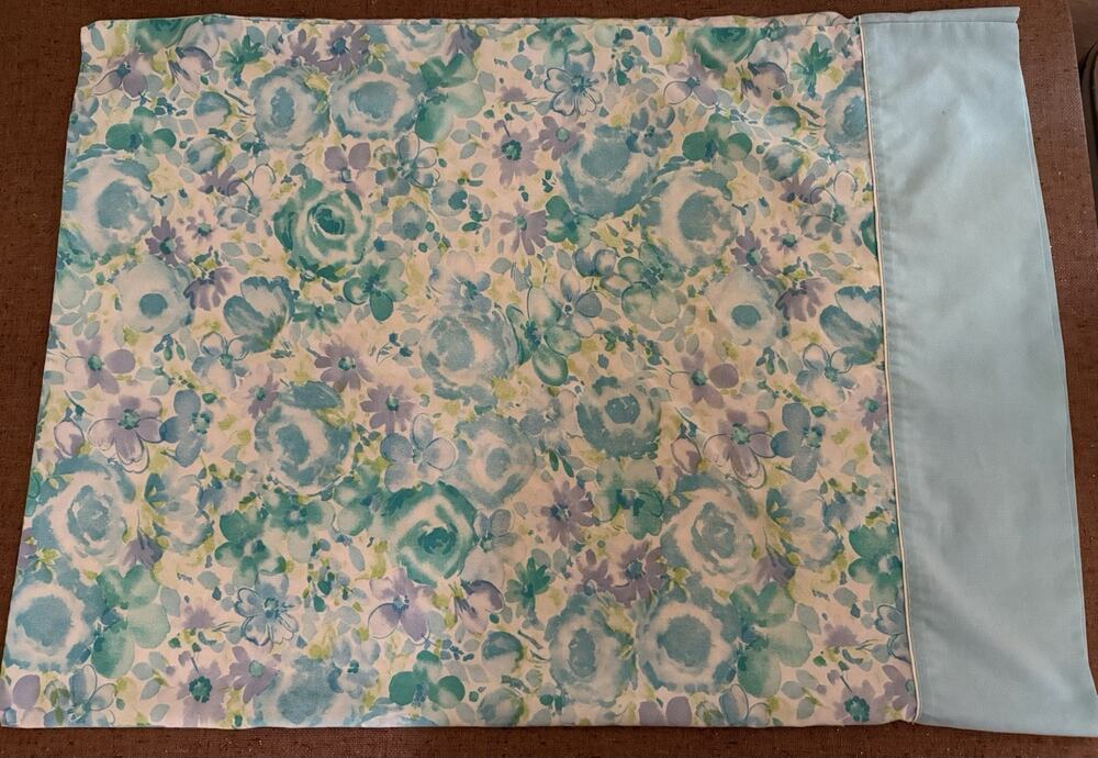 Vintage Pillowcase Standard Size Blue Floral No Iron Muslin 50/50 Cotton Poly